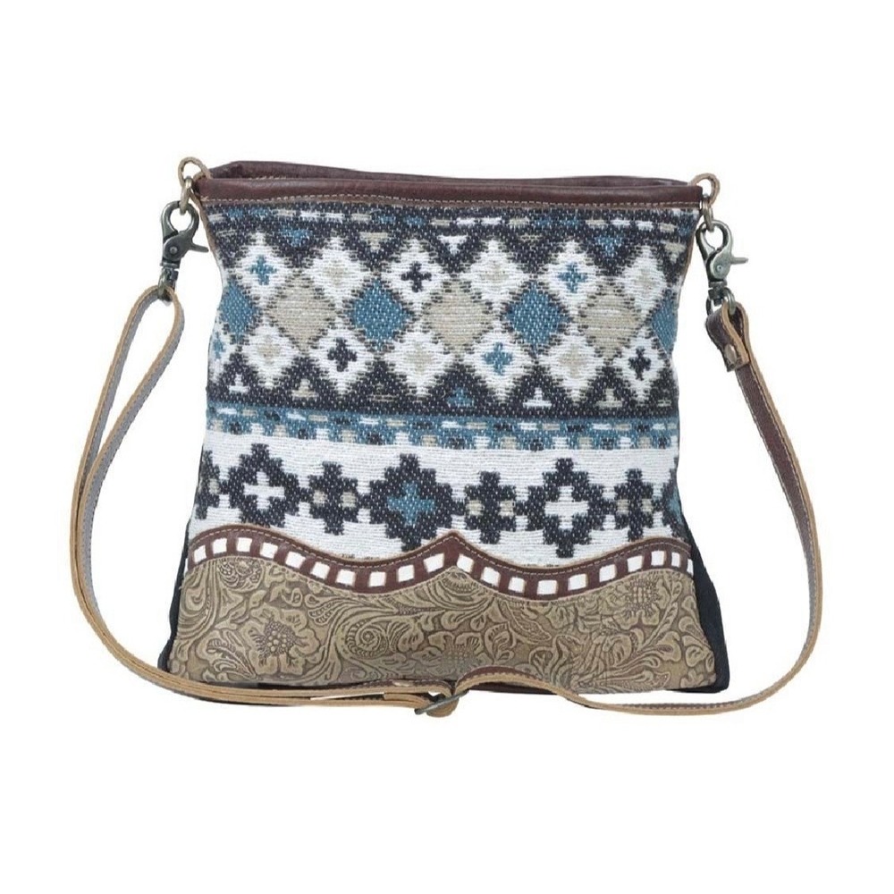 Myra Bag Crossbody Bag Women Blue Brown Kilim Tooled Leather S-6452 New